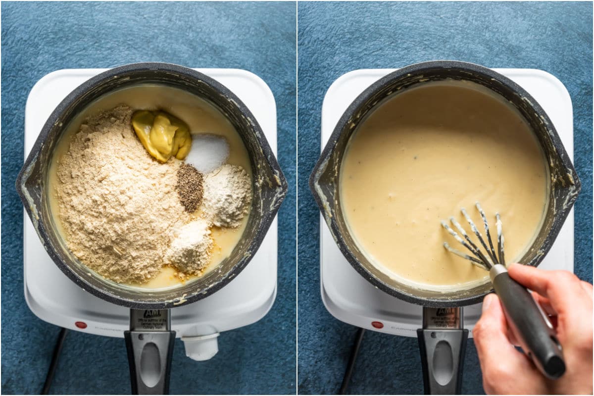 Two photo collage showing nutritional yeast, mustard, salt, black pepper, onion powder and garlic powder added to cheese sauce and whisked in.