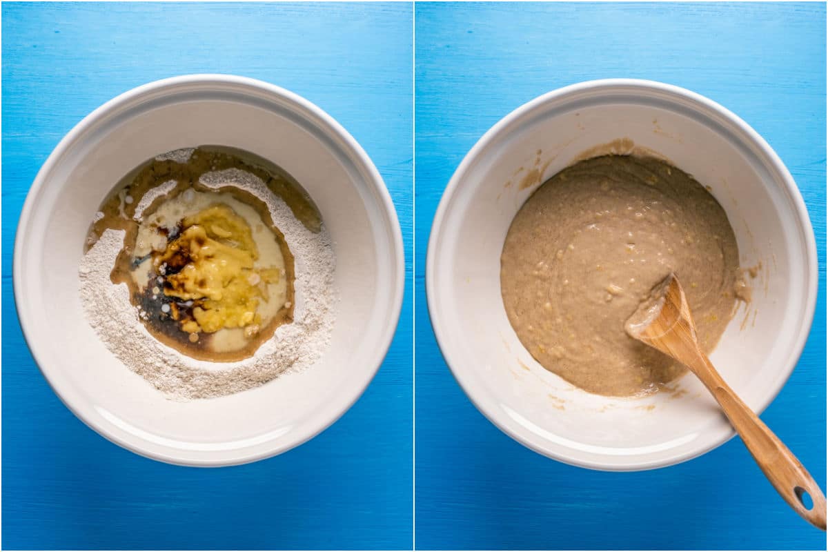 Collage of two photos showing wet ingredients added to mixing bowl and mixed into a thick batter.