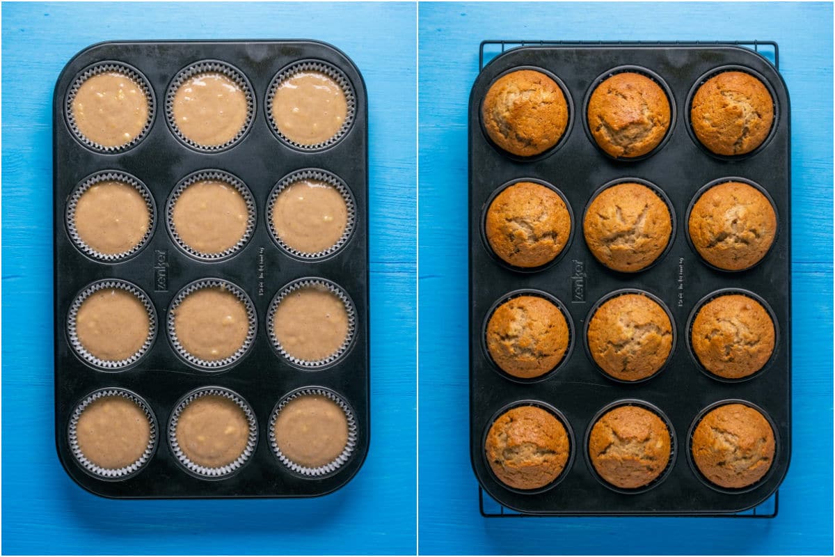 Collage of two photos showing banana cupcakes in a cupcake tray before and after baking.
