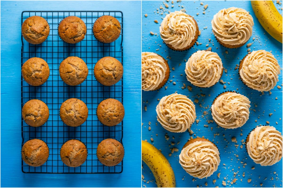 Two photo collage showing banana cupcakes cooling on a wire cooling rack and then frosted with peanut butter frosting.