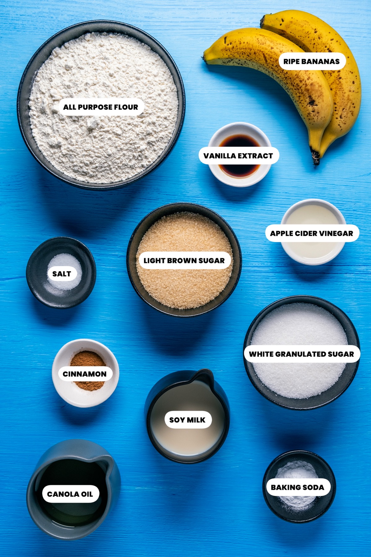 Photo of the ingredients needed to make vegan banana cupcakes.