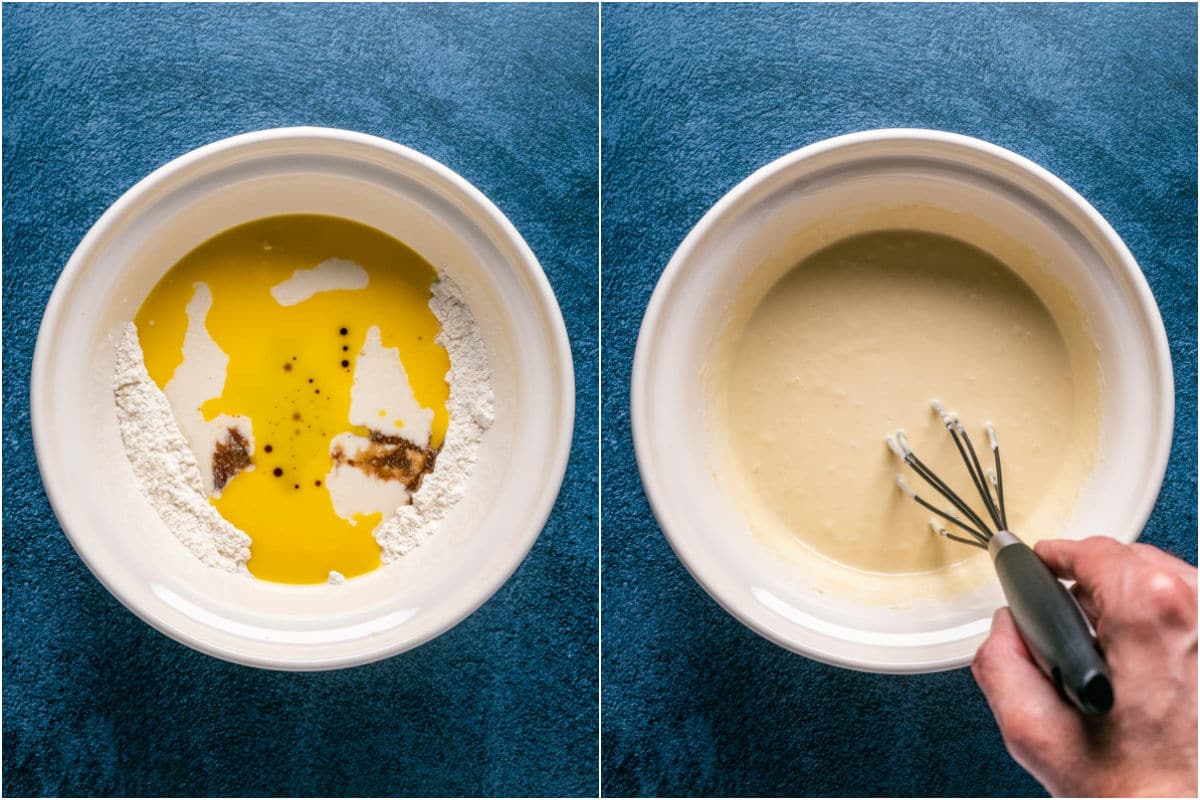 Two photo collage showing wet ingredients added to dry and mixed into a pancake batter.