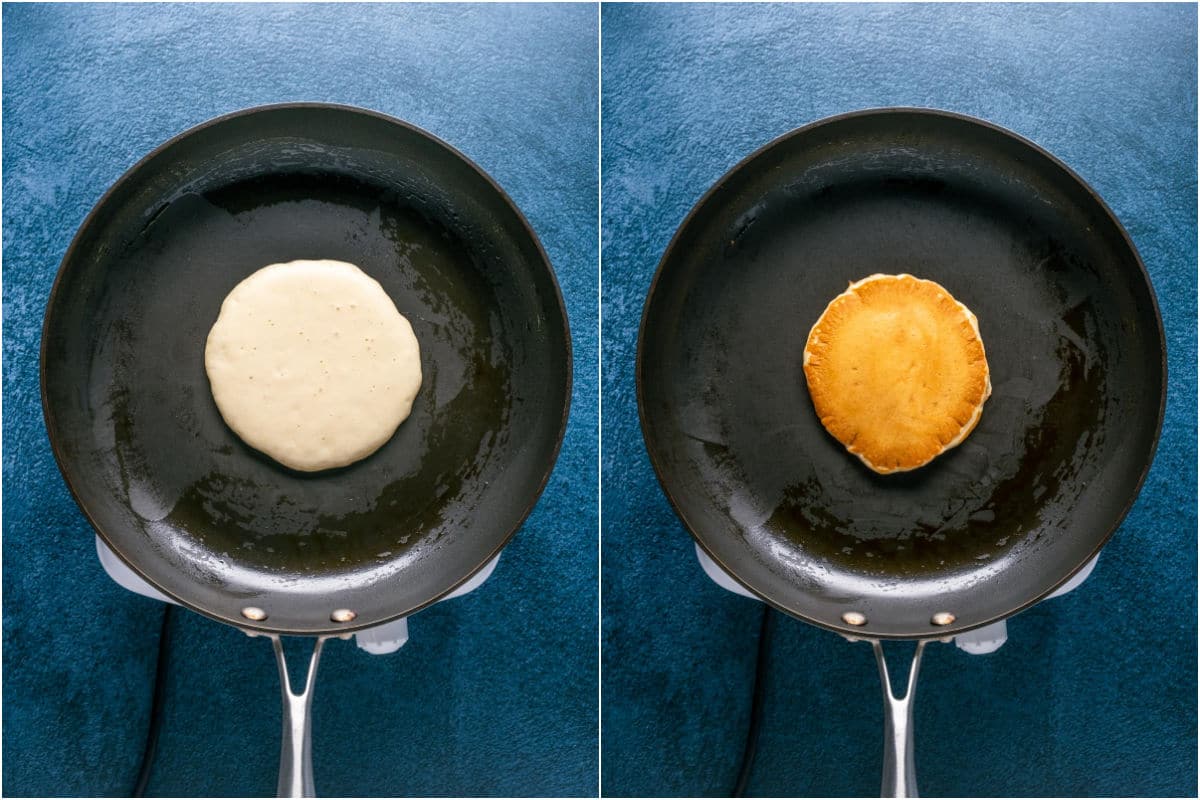 Two photo collage showing pancake batter in a frying pan and then flipped.