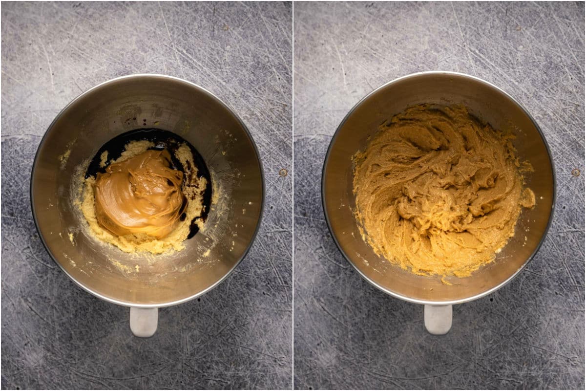 Collage of two photos showing peanut butter and vanilla added to stand mixer and mixed in.