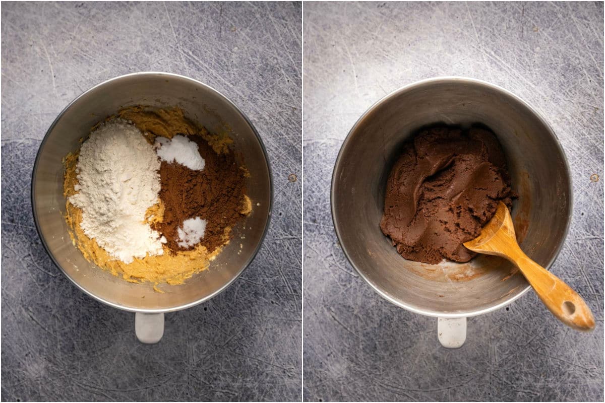 Two photo collage showing dry ingredients added to wet and mixed into a cookie dough.