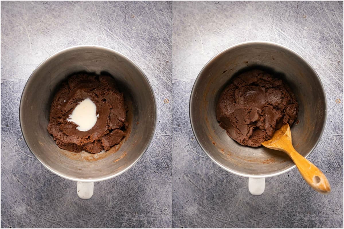 Two photo collage showing non-dairy milk added to cookie dough and mixed in.