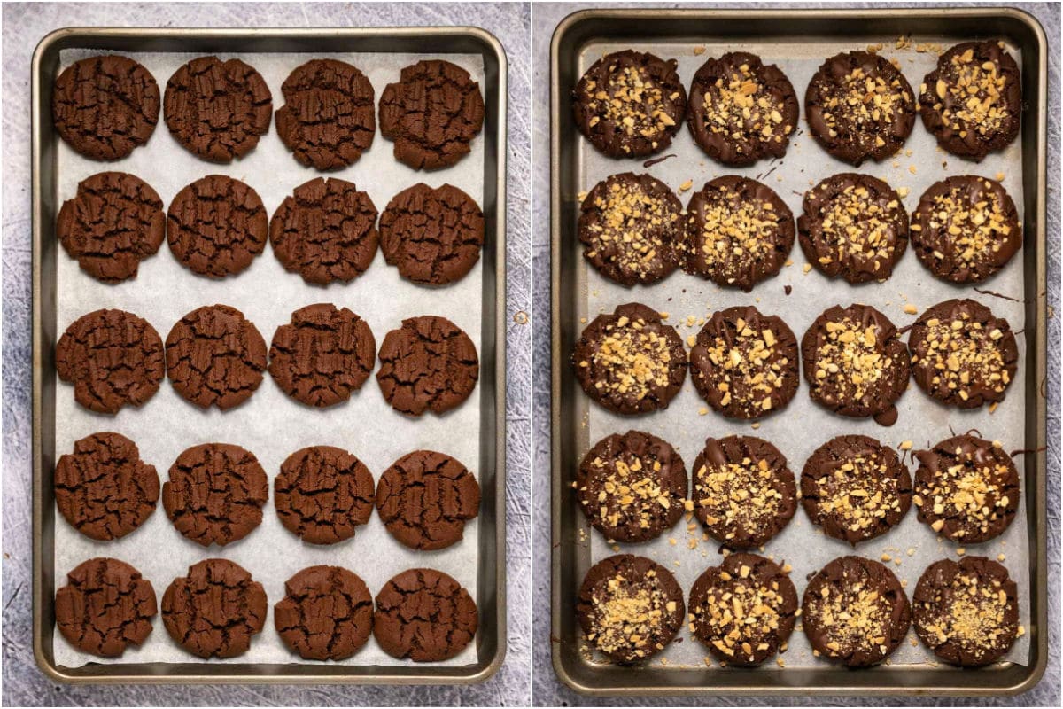 Collage of two photos showing baked cookies on a parchment lined baking sheet and then decorated.