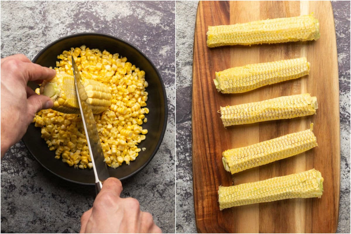 Two photo collage showing slicing the fresh corn off the corn cobs. 