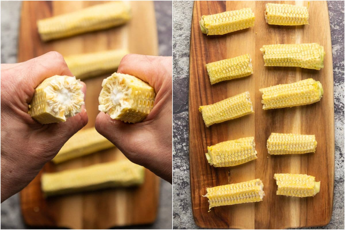 Two photo collage showing breaking the empty corn cobs in half by hand.