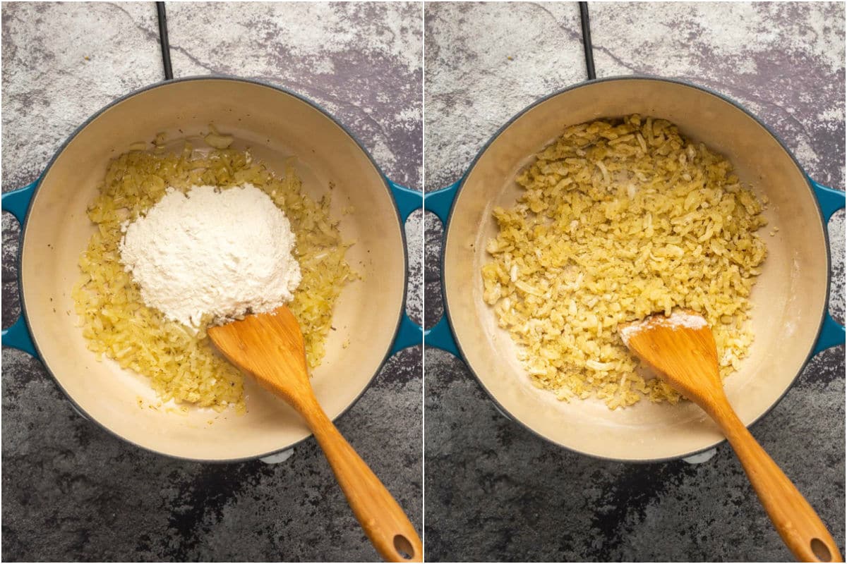 Two photo collage showing flour added to the onions in the pot and stirred in.