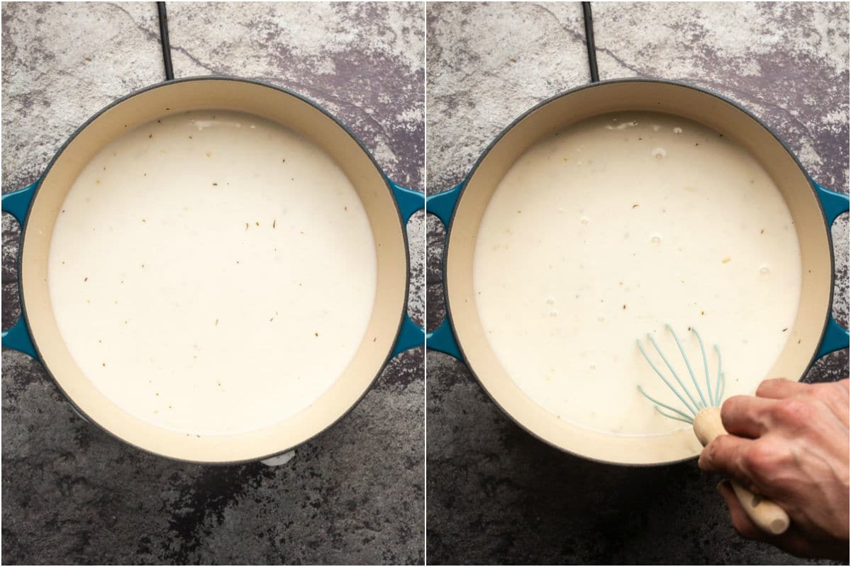 Two photo collage showing vegetable stock, light coconut milk and coconut cream added to pot and whisked.
