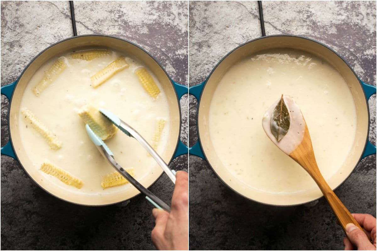 Two photo collage showing removing the empty corn cobs and bay leaf from the pot.