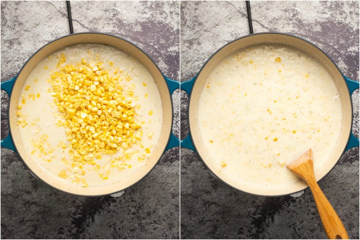 Two photo collage showing fresh corn added to pot and mixed in.