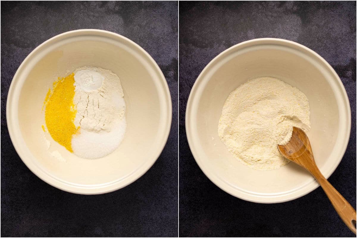 Collage of two photos showing dry ingredients added to mixing bowl and mixed. 