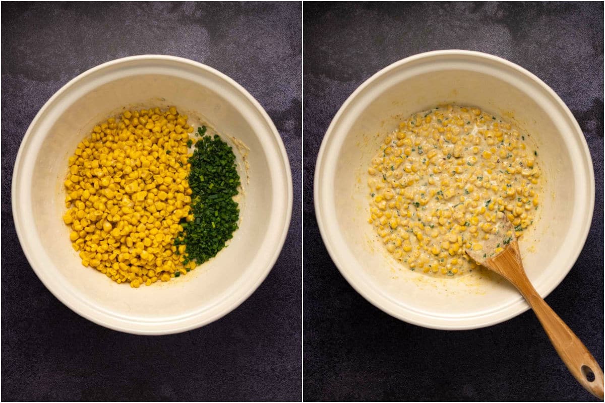Two photo collage showing corn kernels and chopped chives added to batter and mixed in.