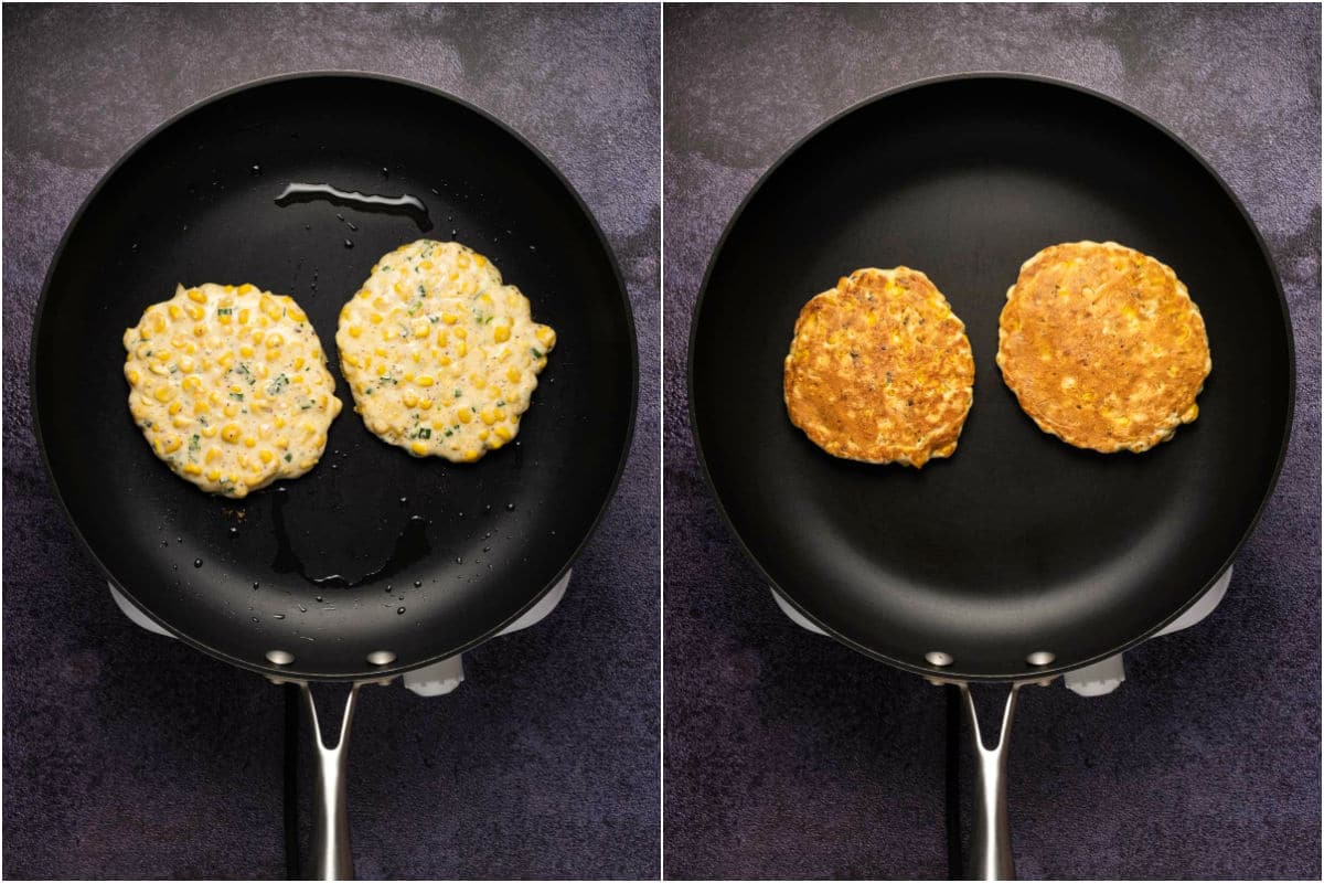 Two photo collage showing batter added to frying pan and then flipped when cooked.