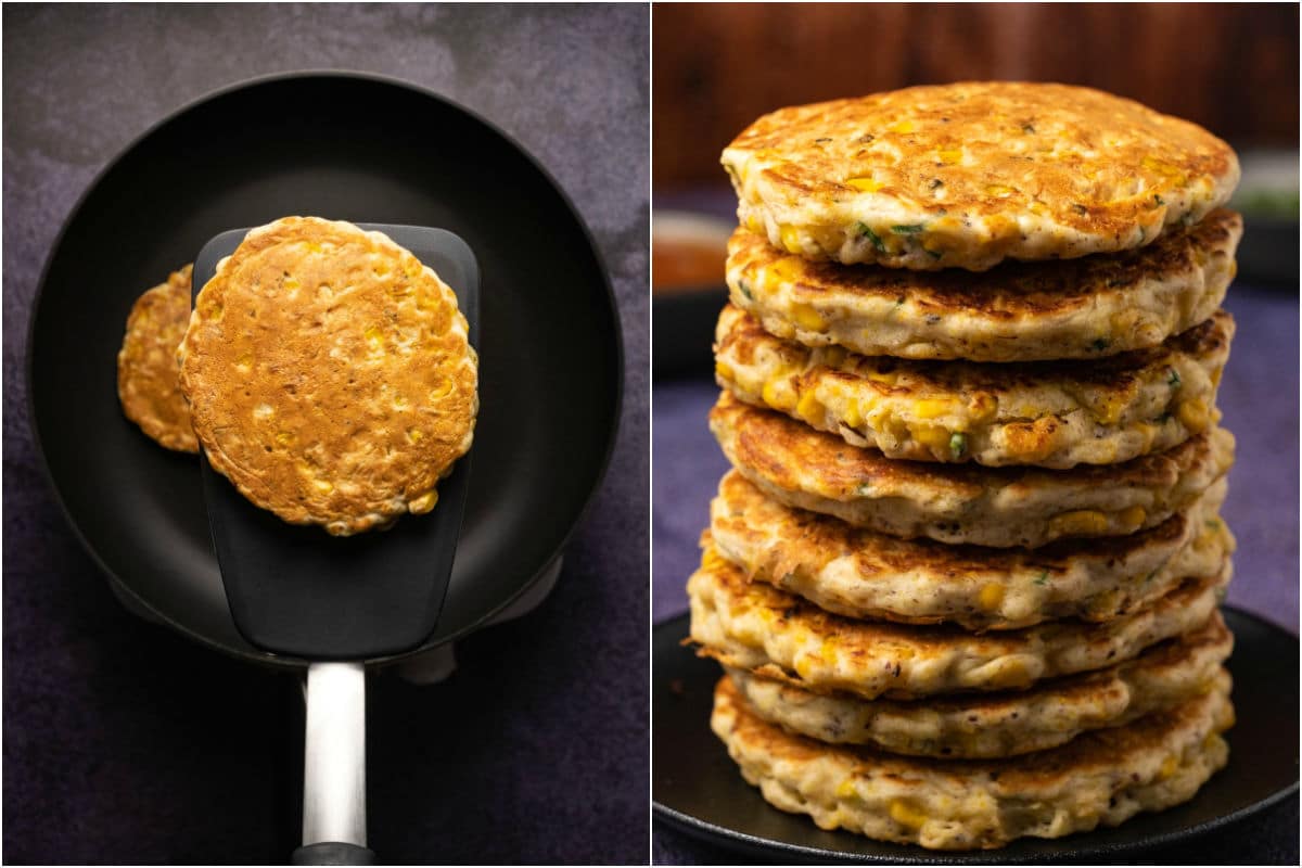 Two photo collage showing cooked fritter on a spatula and then stacked up on a plate.