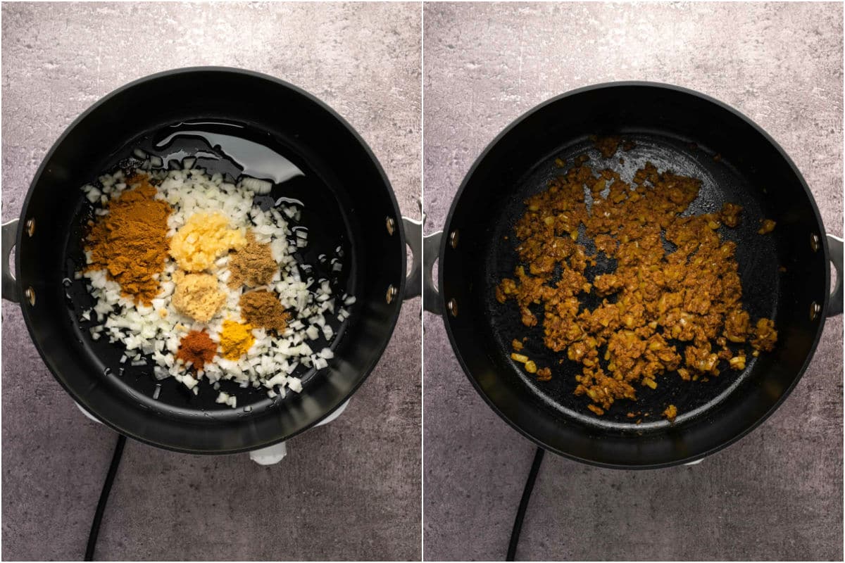 Collage of two photos showing olive oil, chopped onions and spices in a pot and sautéed. 