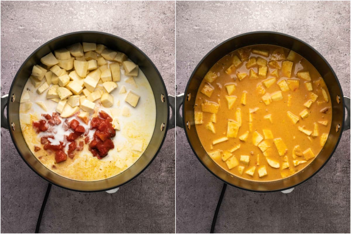 Two photo collage showing chopped sweet potatoes, tomato paste, canned chopped tomatoes, vegetable stock and coconut milk added to pot and stirred in.