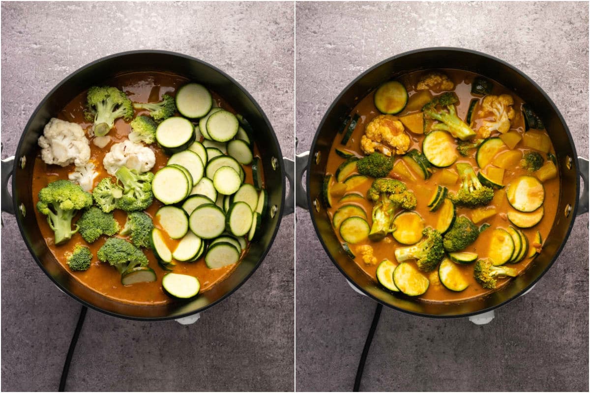 Two photo collage showing broccoli and cauliflower florets and zucchini added to pot and mixed in.