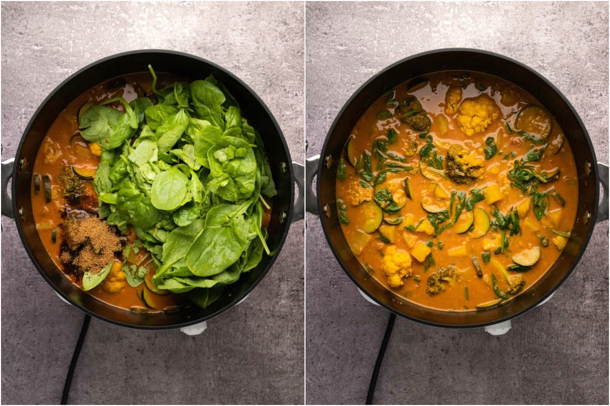 Collage of two photos showing baby spinach and coconut sugar added to pot and mixed in.