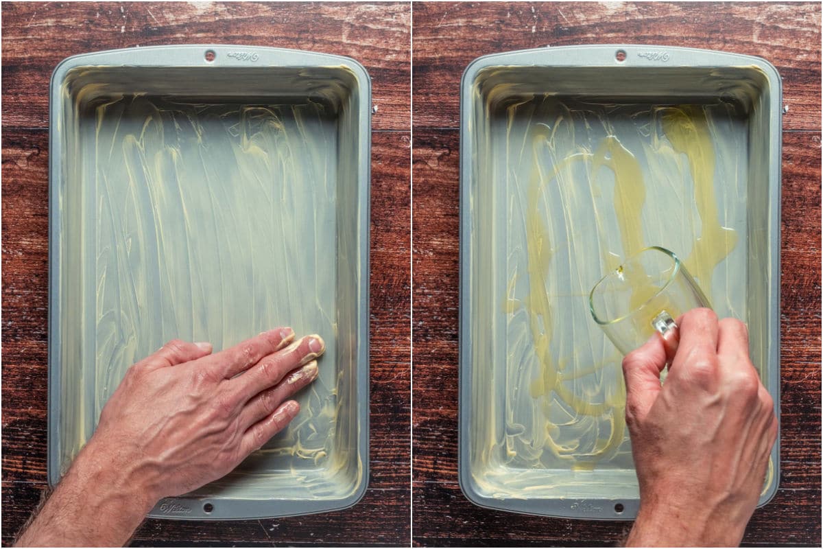 Two photo collage showing vegan butter spread around a 9x13 dish and then olive oil drizzled over it.