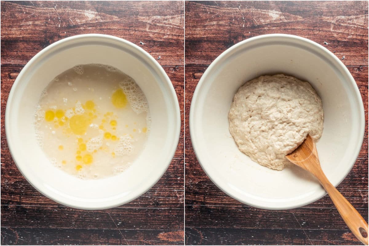 Two photo collage showing wet ingredients added to dry and mixed into a shaggy dough.