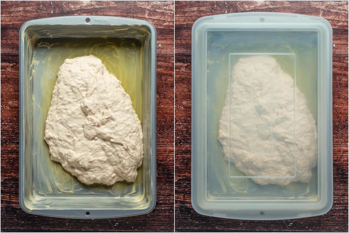 Two photo collage showing dough placed into prepared dish and covered.