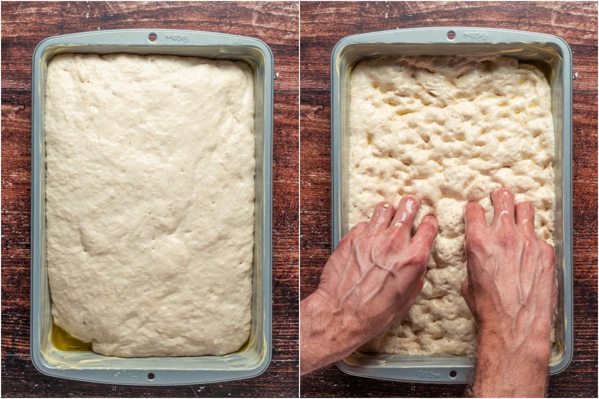 Two photo collage showing risen dough and then making holes all over the dough with fingertips.