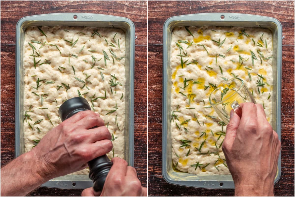 Two photo collage showing sea salt, fresh rosemary and olive oil added to the top of the focaccia dough.