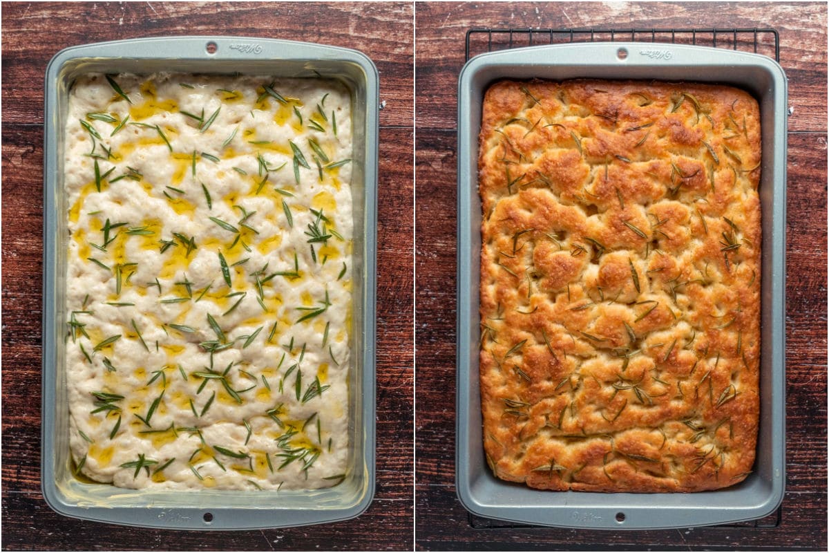 Two photo collage showing vegan focaccia before and after baking.