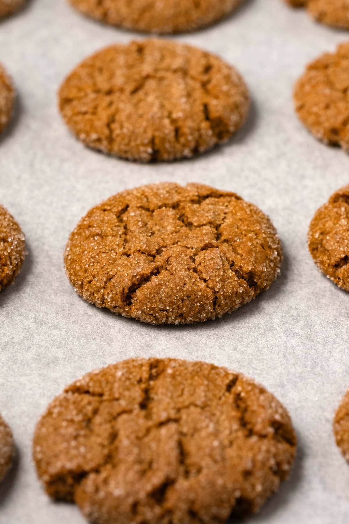 Vegan ginger cookies on a parchment lined baking tray. 