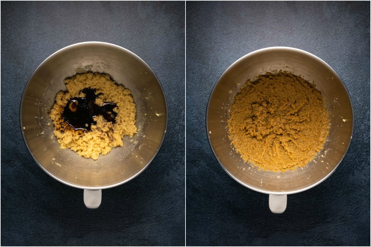 Two photo collage showing molasses and vanilla added to stand mixer and mixed in.