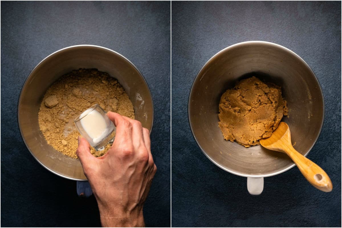 Two photo collage showing non dairy milk added to mixing bowl and mixed into a cookie dough.