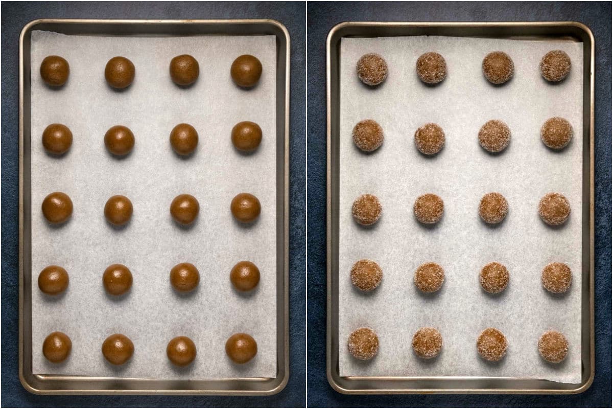 Two photo collage showing cookie dough rolled into balls on a parchment lined baking tray and then the balls rolled in sugar.