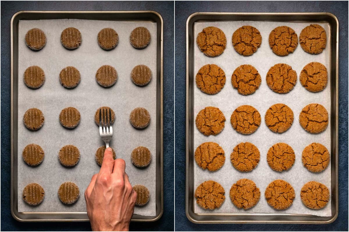 Two photo collage showing flattening the cookie balls with a fork and then the freshly baked cookies on the baking tray.