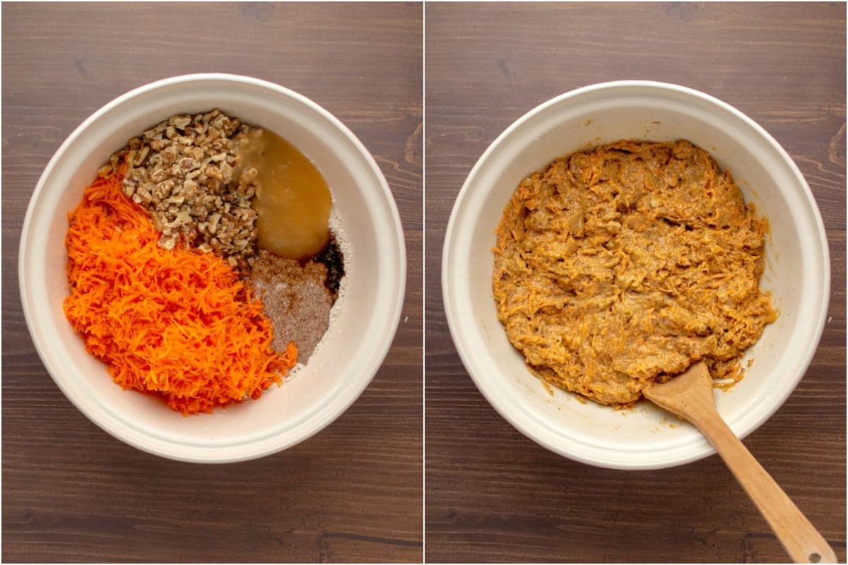 Collage of two photos showing wet ingredients added to mixing bowl and mixed into a thick batter.