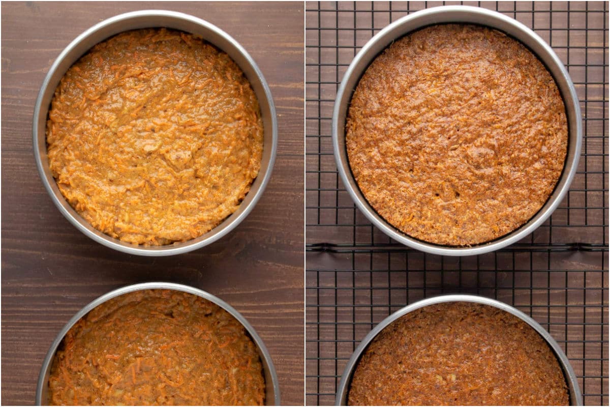 Collage of two photos showing carrot cake in cake pans before and after baking.