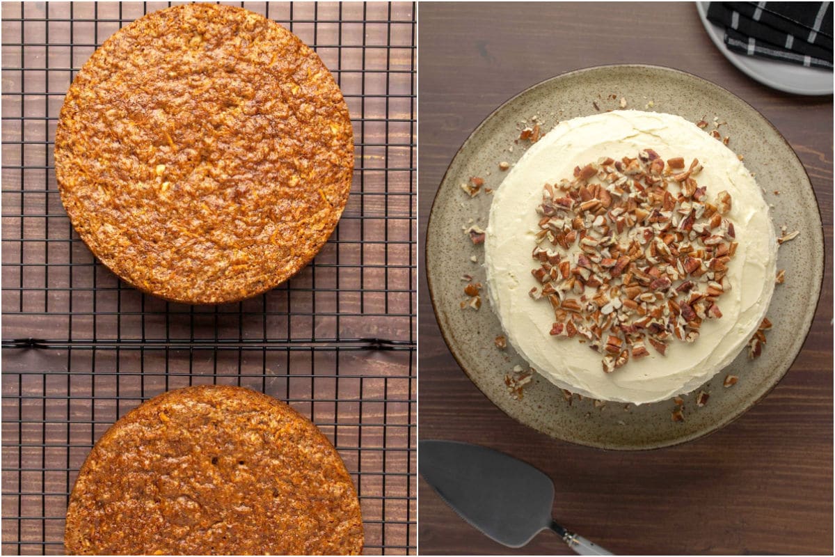 Collage of two photos showing carrot cake layers on a wire cooling rack and then frosted on a cake stand.