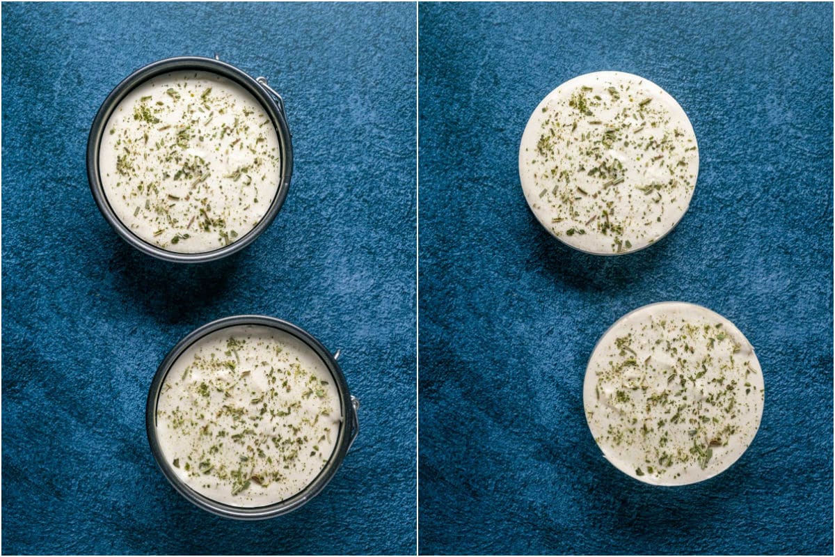 Two photo collage showing vegan goat cheese set in spring form pans and then out of the spring form pans.