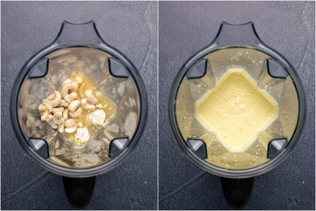 Collage of two photos showing ingredients added to blender and blended. 