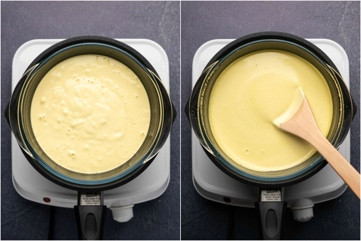 Two photo collage showing hollandaise sauce in double boiler and heated gently.