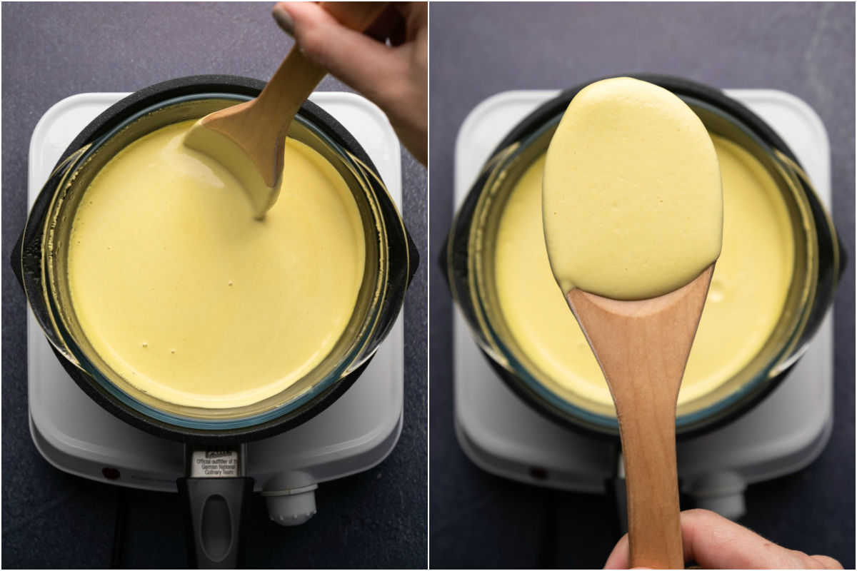 Two photo collage showing hollandaise sauce in double boiler with a wooden spoon.