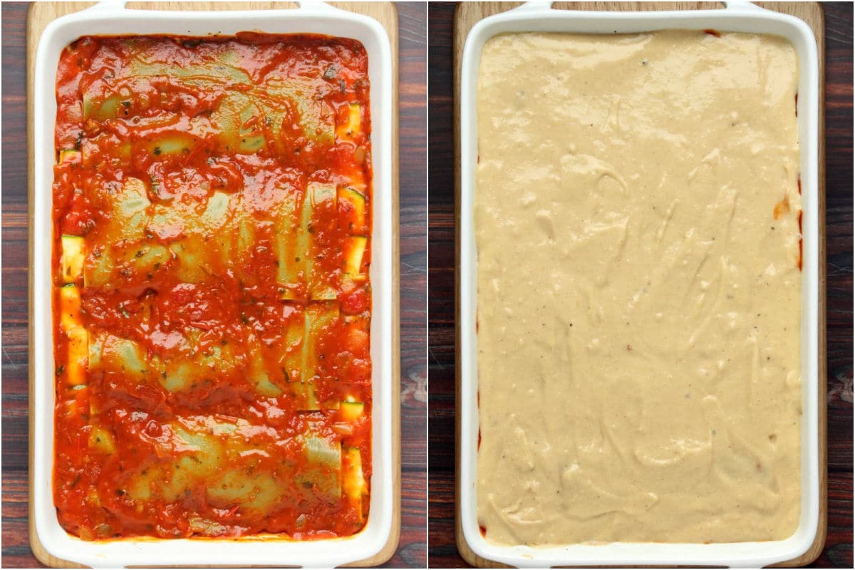 Two photo collage showing cooked lasagna topped with final layer of cheese sauce.