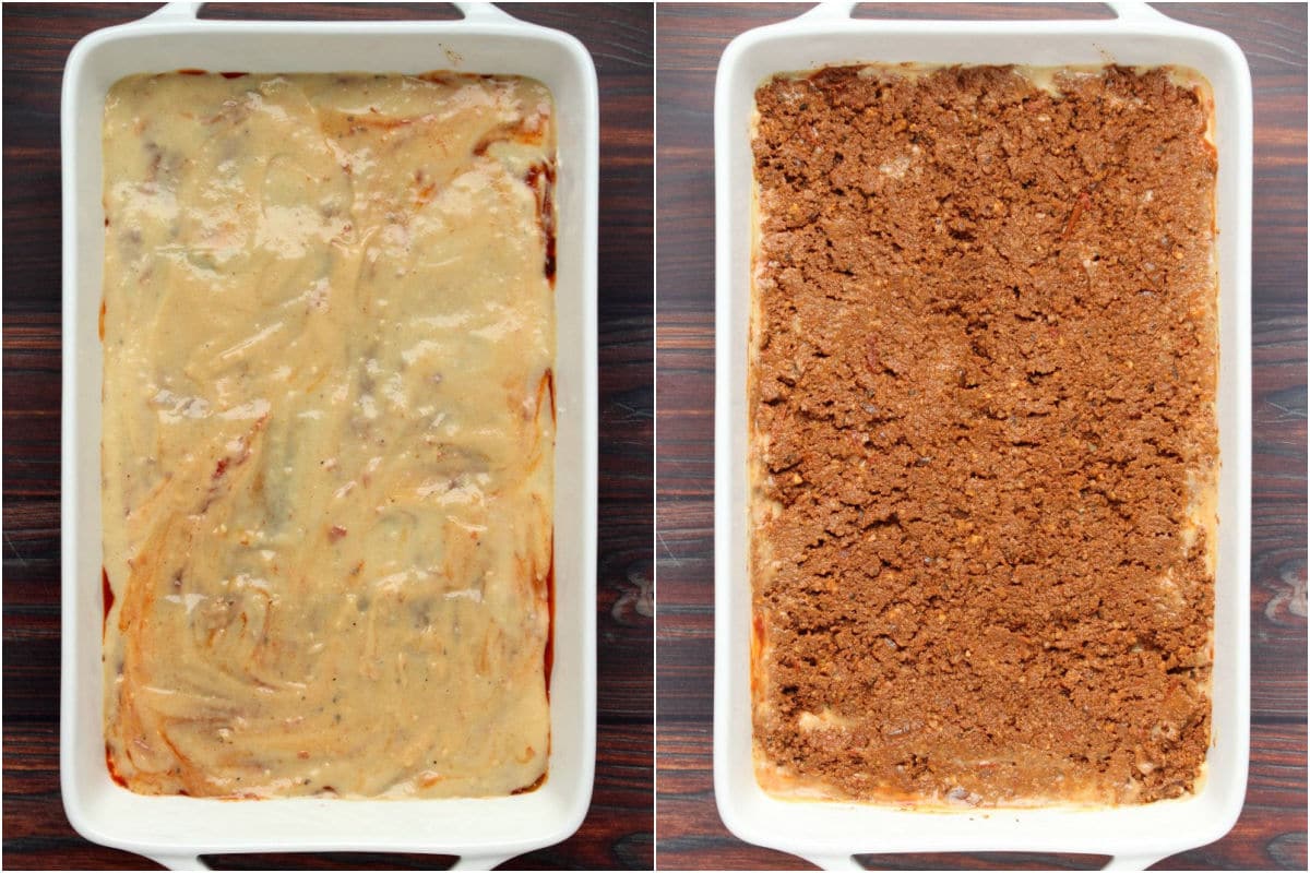 Two photo collage showing vegan cheese sauce added to dish followed by bolognese.
