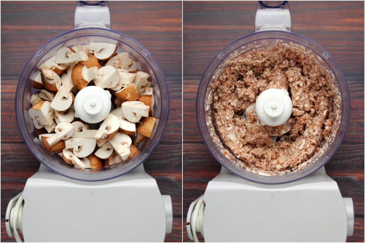 Collage of two photos showing mushrooms added to food processor and processed until finely chopped.