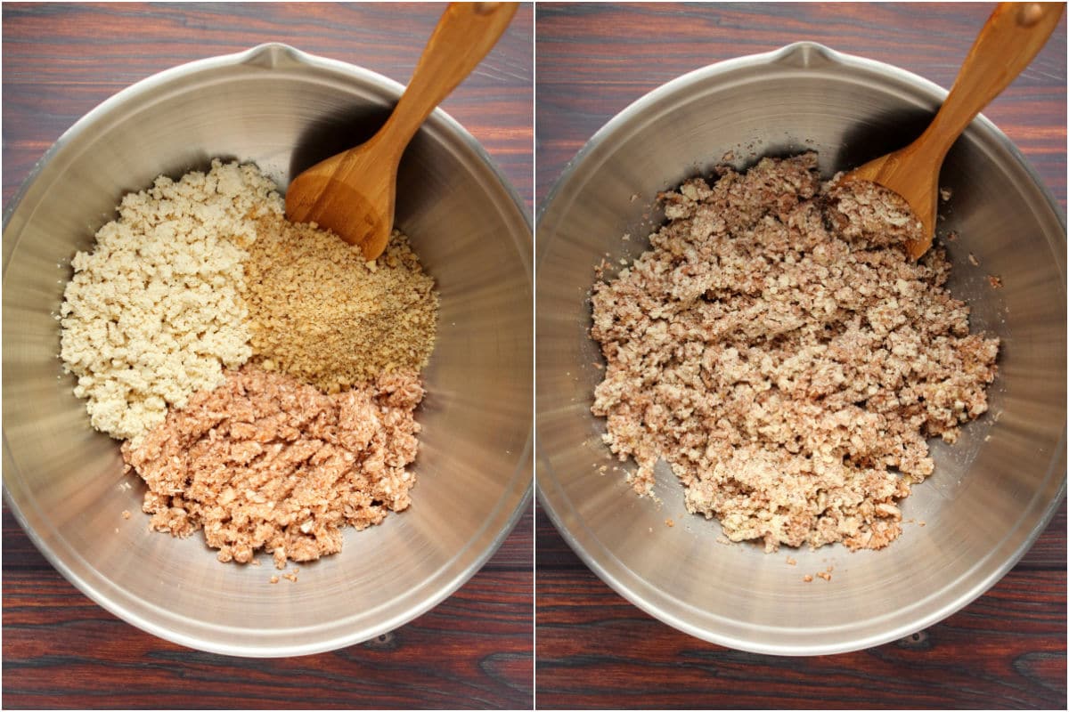 Two photo collage showing crumbled tofu, crumbled walnuts and finely chopped mushrooms added to a mixing bowl and mixed together.