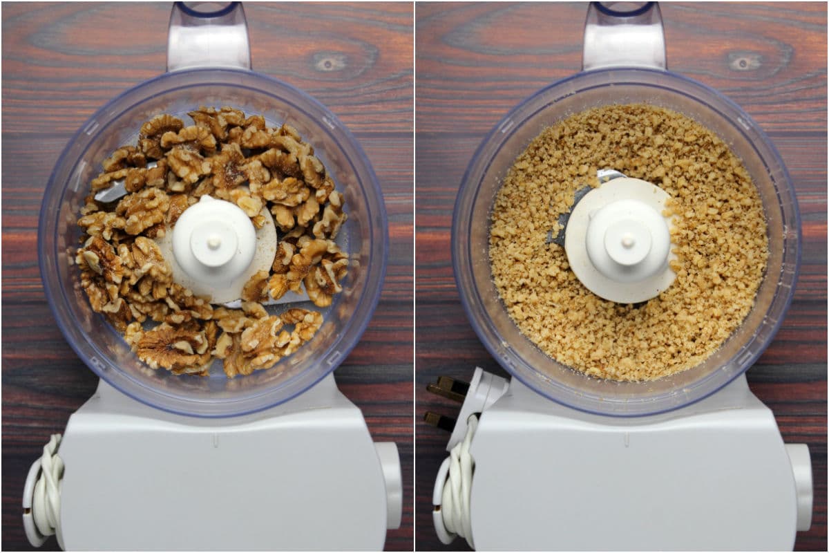 Two photo collage showing walnuts added to food processor and processed until finely chopped.