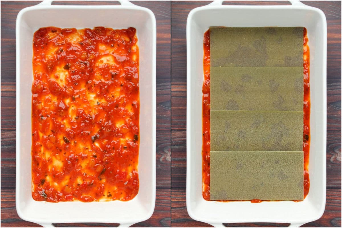 Two photo collage showing marinara sauce added to a 9x13 dish followed by spinach lasagna sheets.