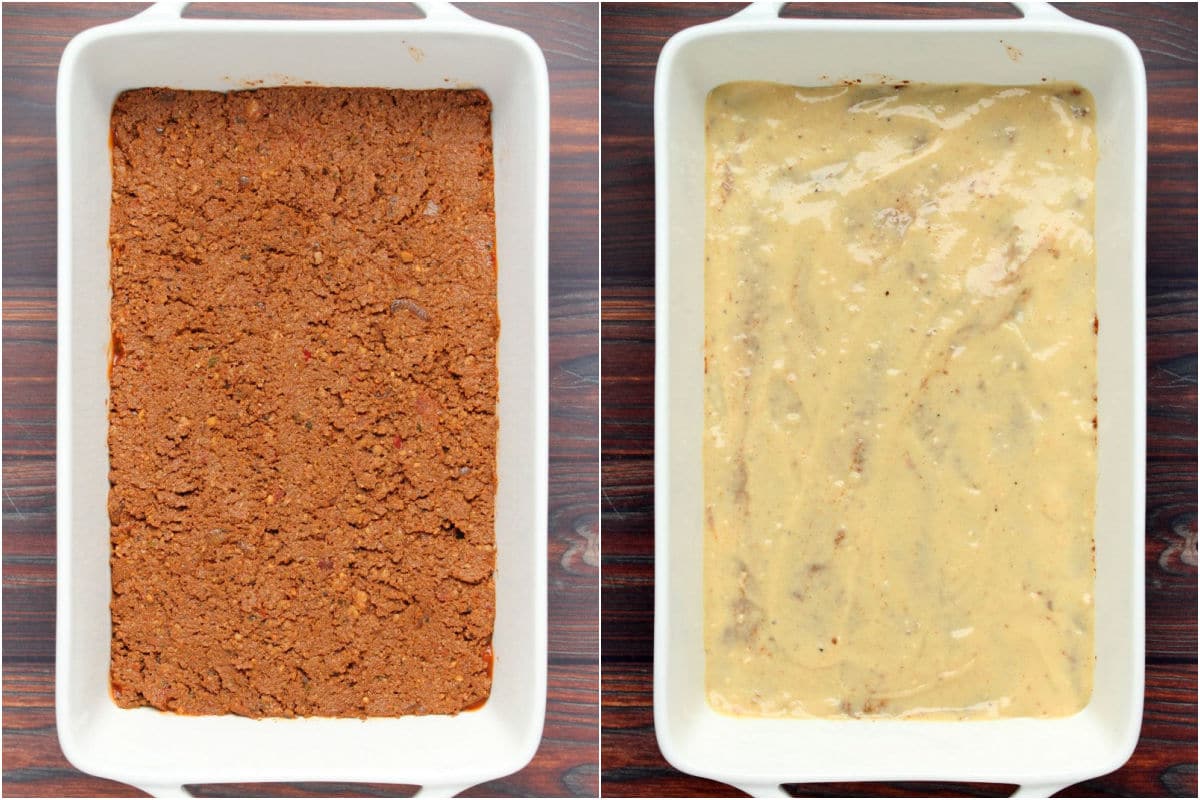 Two photo collage showing vegan bolognese added to dish followed by cheese sauce.